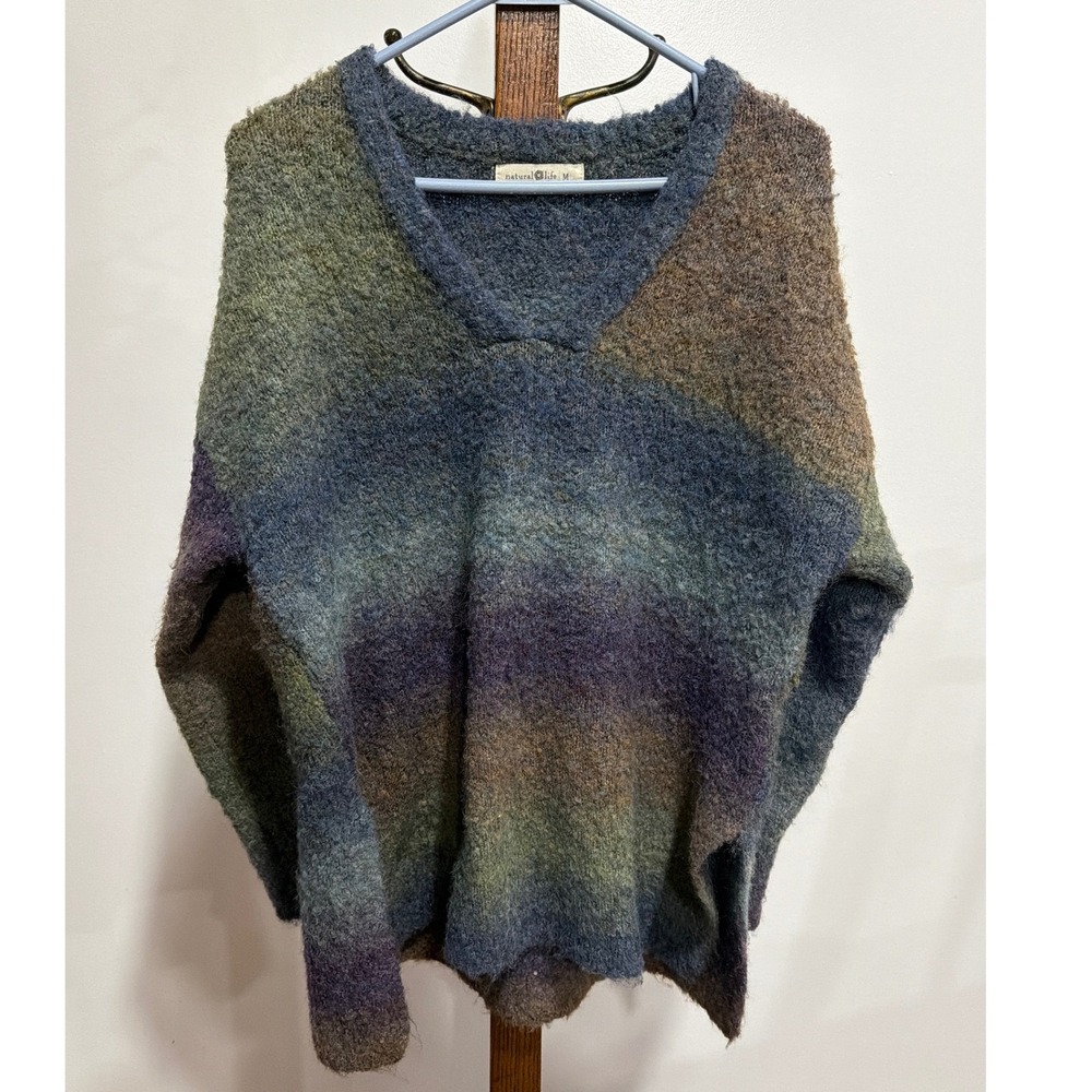 Natural Life Women Ombre V-Neck Fuzzy Wool Blend Oversized Sweater Multi M Cozy